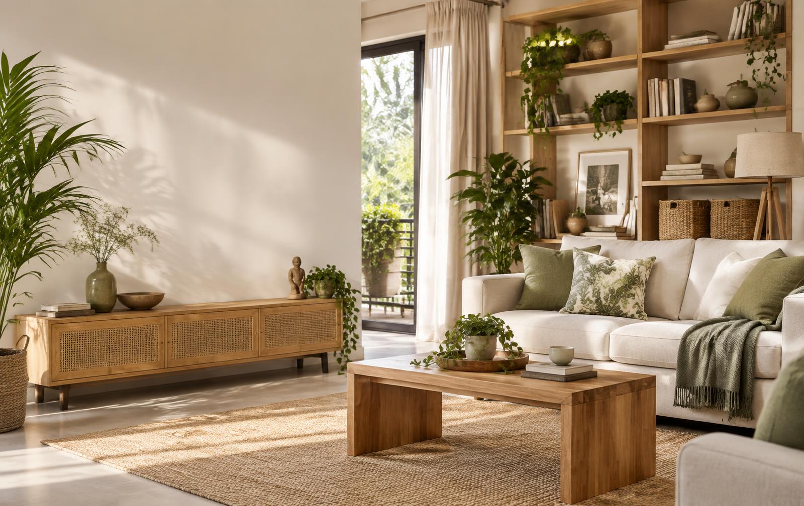 A calm, organized living room with natural wood storage